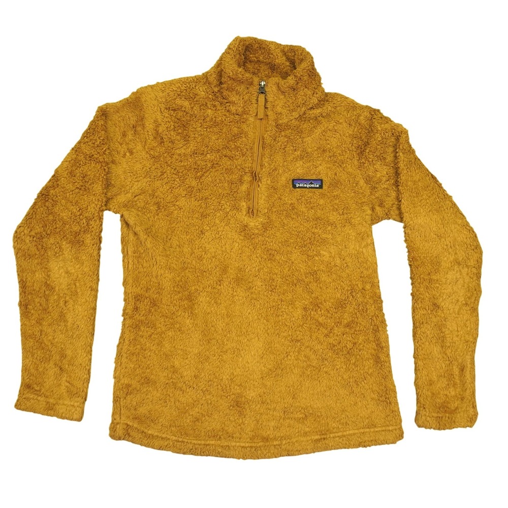 Patagonia Los Gatos Fleece Pullover Women XS Yellow Brown Quarter Zip Teddy Cozy